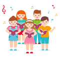 Sechs Kinder stehen in einer Reihe und singen. Sie halten alle Bücher in den Händen und scheinen in einem Chor zu sein. Musiknoten schweben um sie herum.