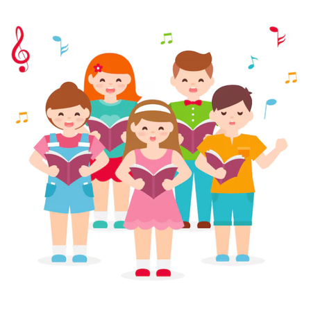 Sechs Kinder stehen in einer Reihe und singen. Sie halten alle Bücher in den Händen und scheinen in einem Chor zu sein. Musiknoten schweben um sie herum.