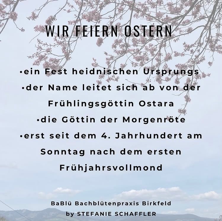Ein Bild mit blauem Himmel und Bergen im Hintergrund, einem Kirschblütenbaum mit Zweigen über einem Text, der 'Wir feiern Ostern' lautet, und zusätzlichen Informationen über den Ursprung des Festes und die Frühlingsgöttin Ostara.