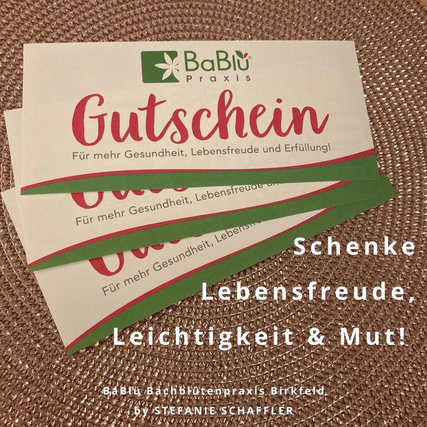 Ein Geschenkgutschein für BaBiu Praxis wird gezeigt, mit Logo und der Aufschrift 'Gutschein'. Er verspricht mehr Gesundheit, Lebensfreude und Erfüllung. Darunter steht 'Für mehr Gesundheit, Lebensfreude und Erfüllung!'.