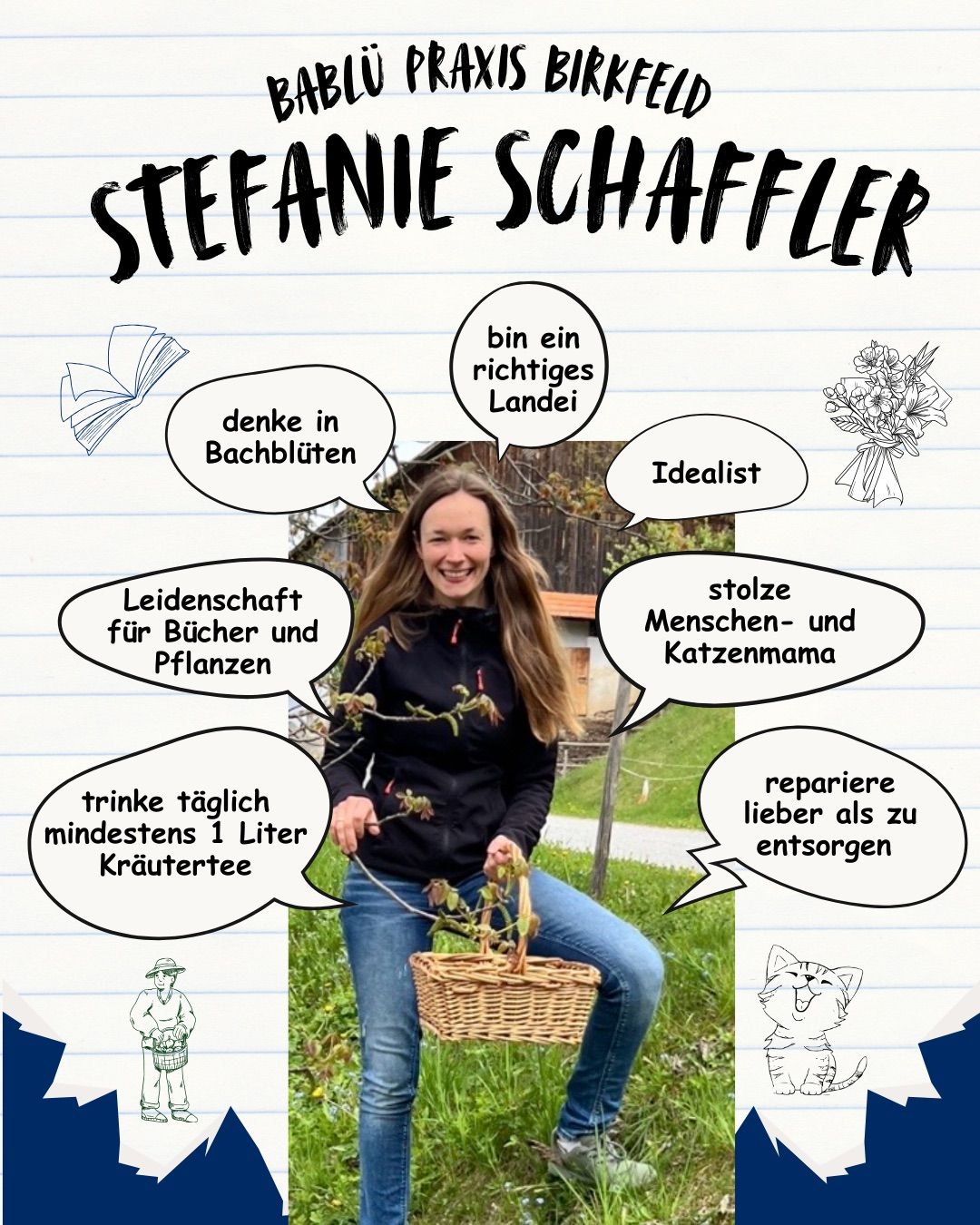 A woman in a field with a basket of plants, labeled 'Stefanie Schaffler,' with speech bubbles describing her as an idealist, a right-handed person, and someone who drinks at least one liter of herbal tea daily.