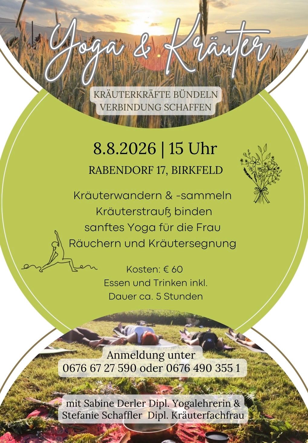 An event poster for a herbal gathering and yoga session on August 8, 2026, at 3 PM in Rabendorf 17, Birkfeld. The poster features a green background with illustrations of herbs and people doing yoga. It includes details about the event, such as the cost, duration, and contact information.