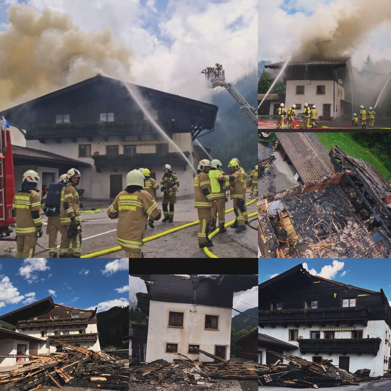 A collage of images showing firefighters battling a house fire. Fire trucks, hoses, and firefighters in protective gear are seen. The house is engulfed in smoke and flames.
