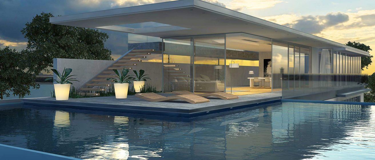 Bild enthält, House, Housing, Villa, Pool, Water, Swimming Pool, Interior Design, Plant, Chair, Outdoors