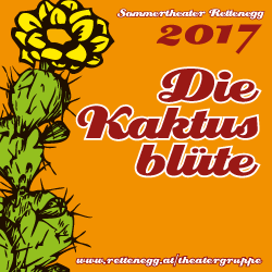 Ein orangefarbenes Plakat für die Veranstaltung 'Die Kaktus Blite' 2017 mit einer gelben Blume auf einem Kaktus.
