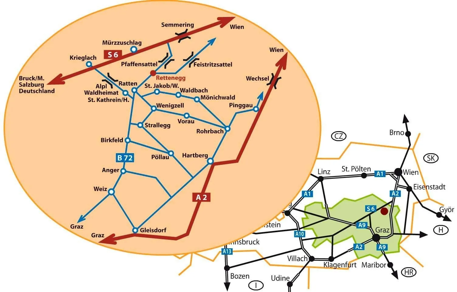 Eine Karte mit Routen und Kreuzungen in Österreich. Wichtige Orte sind Wien, Semmering, Graz und Bozen.