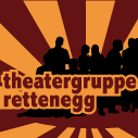 Eine Silhouette von Menschen, die zusammenstehen, beschriftet mit 'Theatergruppe Rettegegg'. Der Hintergrund ist ein orange-braunes Sonnenmuster.