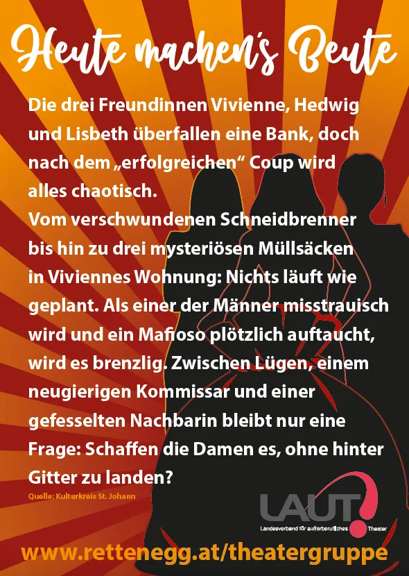 Die drei Freundinnen Vivienne, Hedwig und Lisbeth überfallen eine Bank, doch nach dem „erfolgreichen“ Coup wird alles chaotisch. Vom verschwundenen Messerschleifer bis hin zu drei mysteriösen Müllsäcken in Viviennes Wohnung: Nichts läuft wie geplant. Zwischen Lügen, einem neugierigen Kommissar und einer entschlossenen Nachbarin bleibt nur eine Frage: Schaffen es die Damen, ohne hinter Gitter zu landen?