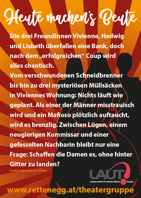 Die drei Freundinnen Vivienne, Hedwig und Lisbeth überfallen eine Bank, doch nach dem „erfolgreichen“ Coup wird alles chaotisch. Vom verschwundenen Messerschleifer bis hin zu drei mysteriösen Müllsäcken in Viviennes Wohnung: Nichts läuft wie geplant. Zwischen Lügen, einem neugierigen Kommissar und einer entschlossenen Nachbarin bleibt nur eine Frage: Schaffen es die Damen, ohne hinter Gitter zu landen?