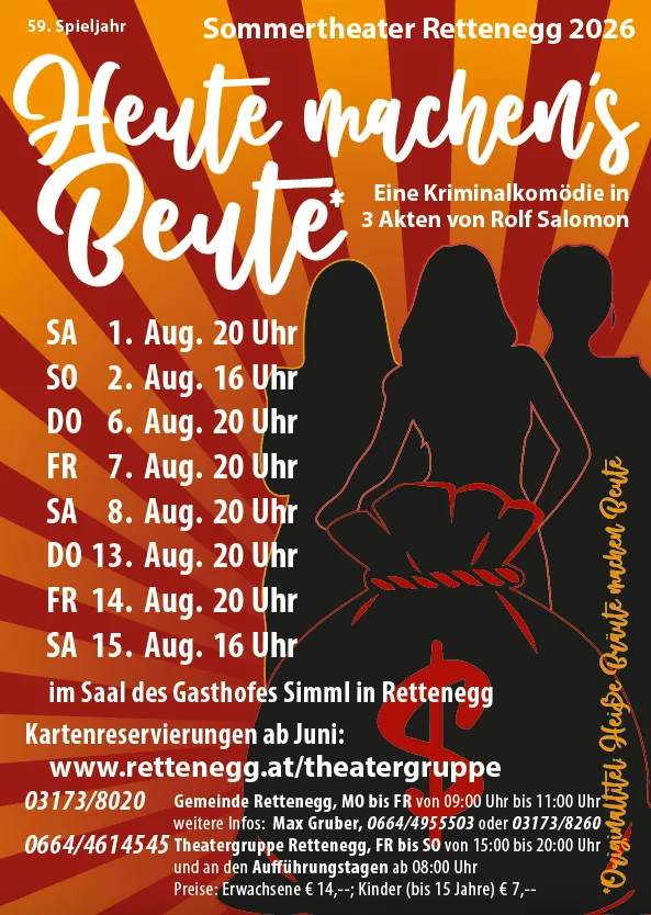 Plakat für Heute machen's Beute, eine Kriminalkomödie in 3 Akten von Rolf Salomon. Aufführungen im Gasthof Simml in Rettenegg. Reservierungen ab Juni über Webseite. Kontakt Max Gruber oder 0664/4955530 oder 03173/8260.
