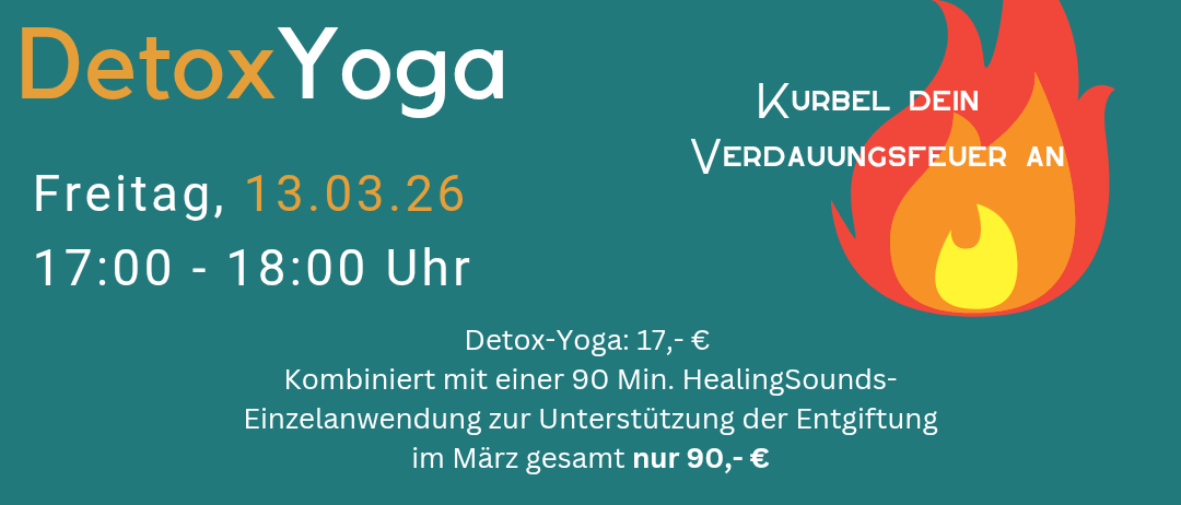 Anzeige für eine Detox-Yoga-Sitzung am 13.03.26, von 17:00 bis 18:00 Uhr. Das Poster zeigt eine Frau in einer Yoga-Pose, Kontaktinformationen und Preisangaben.