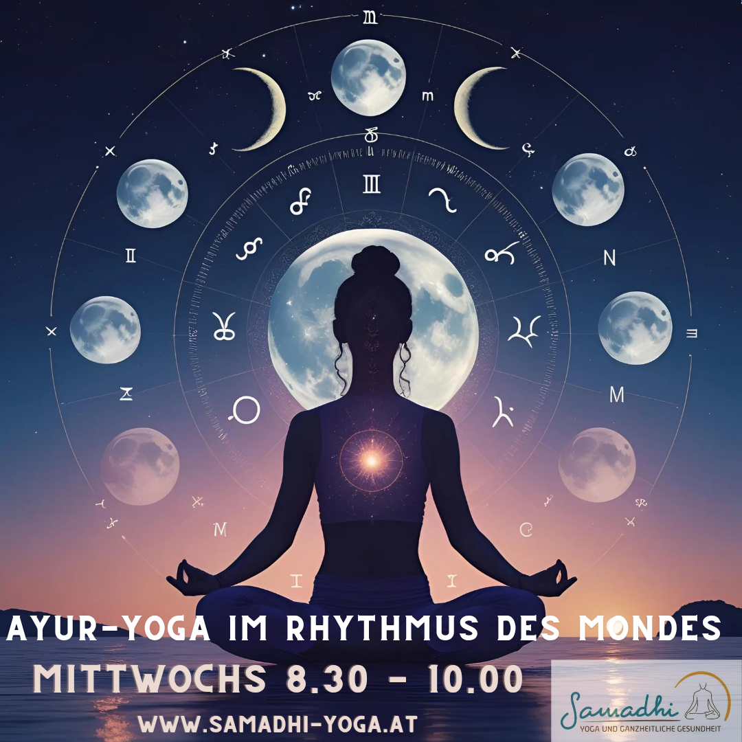 Ein Poster zeigt eine Silhouette einer Person in einer Yoga-Pose mit einem Mond und Tierkreiszeichen im Hintergrund. Der Postertext lautet 'AYUR-YOGA IM RHYTHMUS DES MONDES' und enthält einen Website-Link.