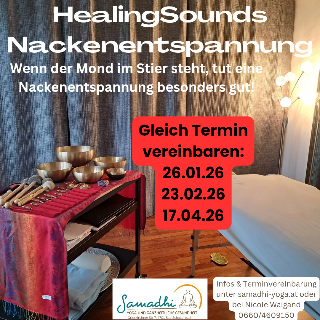 Eine Werbung für eine Heilklang- und Entspannungssitzung. Es zeigt einen Tisch mit verschiedenen Instrumenten, ein Bett und eine Lampe. Die Buchungstermine sind angegeben.