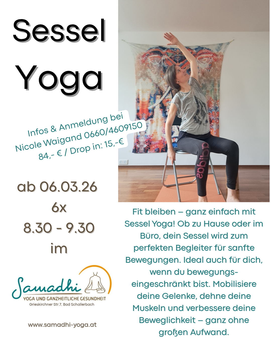 Ein Flyer für Sessel Yoga in Deutschland. Eine Frau praktiziert Yoga auf einem Stuhl sitzend. Der Text spricht über die Vorteile von Yoga und wie man sich anmelden kann.