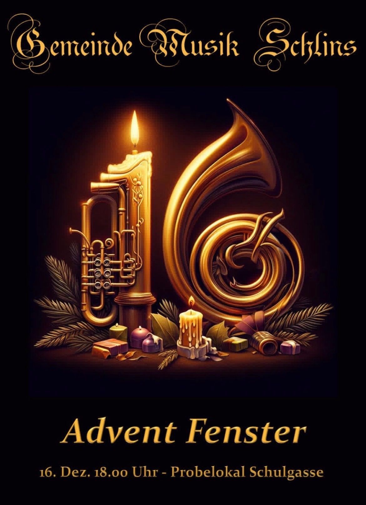 Eine goldene Trompete und eine brennende Kerze bilden die Zahl 16, umgeben von einem Kranz und weiteren Kerzen. Die Worte 'Advent Fenster' stehen unten.