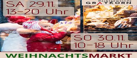 Poster advertising a Christmas market with dates and times. A young child in winter clothing is looking at food in a display case.