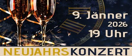 Zwei Champagnerflöten mit prickelndem Champagner auf blauem Hintergrund. Eine Uhr zeigt die Zeit von 19 Uhr am 9. Januar 2026. Die Worte 'NEUJAHRSKONZERT' sind in Gelb angezeigt.