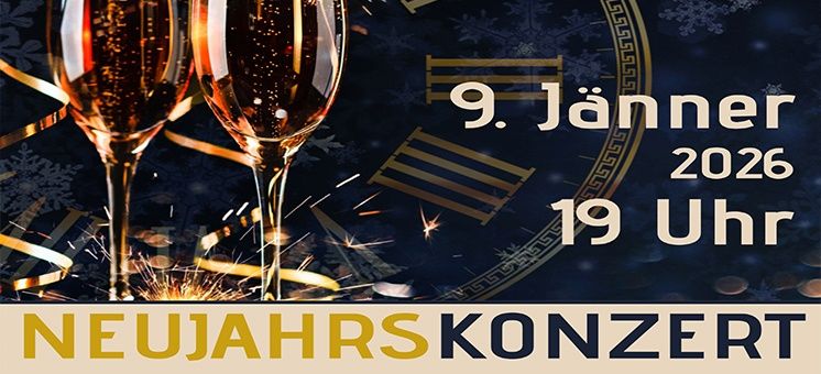 Zwei Champagnerflöten mit prickelndem Champagner auf blauem Hintergrund. Eine Uhr zeigt die Zeit von 19 Uhr am 9. Januar 2026. Die Worte 'NEUJAHRSKONZERT' sind in Gelb angezeigt.