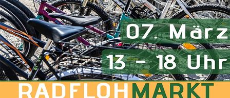 Ein Poster mit geparkten Fahrrädern im Freien und einer grünen Überlagerung mit der Aufschrift '07. März 13-18 Uhr RADFLO MARKET'.
