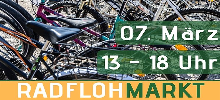 Ein Poster mit geparkten Fahrrädern im Freien und einer grünen Überlagerung mit der Aufschrift '07. März 13-18 Uhr RADFLO MARKET'.