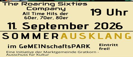 Plakat für The Roaring Sixties Company mit einem Zeitplan für den 11. September 2026 um 19 Uhr, mit Hinweis auf freien Eintritt.