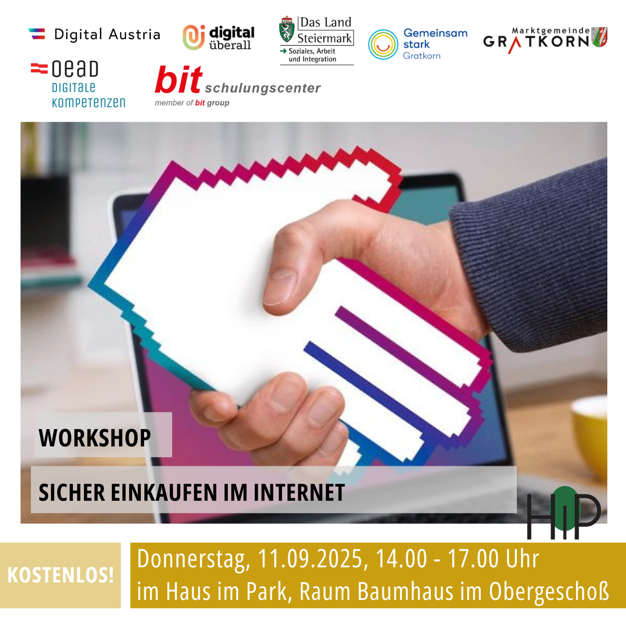 Workshop-Banner für einen kostenlosen Workshop über sicheres Einkaufen im Internet. Der Termin ist Donnerstag, 11.09.2025, von 14:00 bis 17:00 Uhr. Veranstaltet im Haus im Park, Raum Baumhaus im Obergeschoß. Logos von Digital Austria, Digital Ueberall und anderen sind zu sehen.