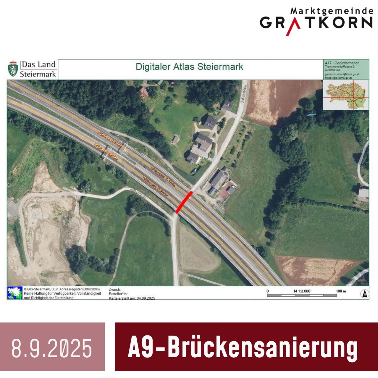 Eine Karte aus dem Digitalen Atlas der Steiermark zeigt eine Luftaufnahme einer Autobahn mit einer sanierten Brücke, datiert auf den 8.9.2025.
