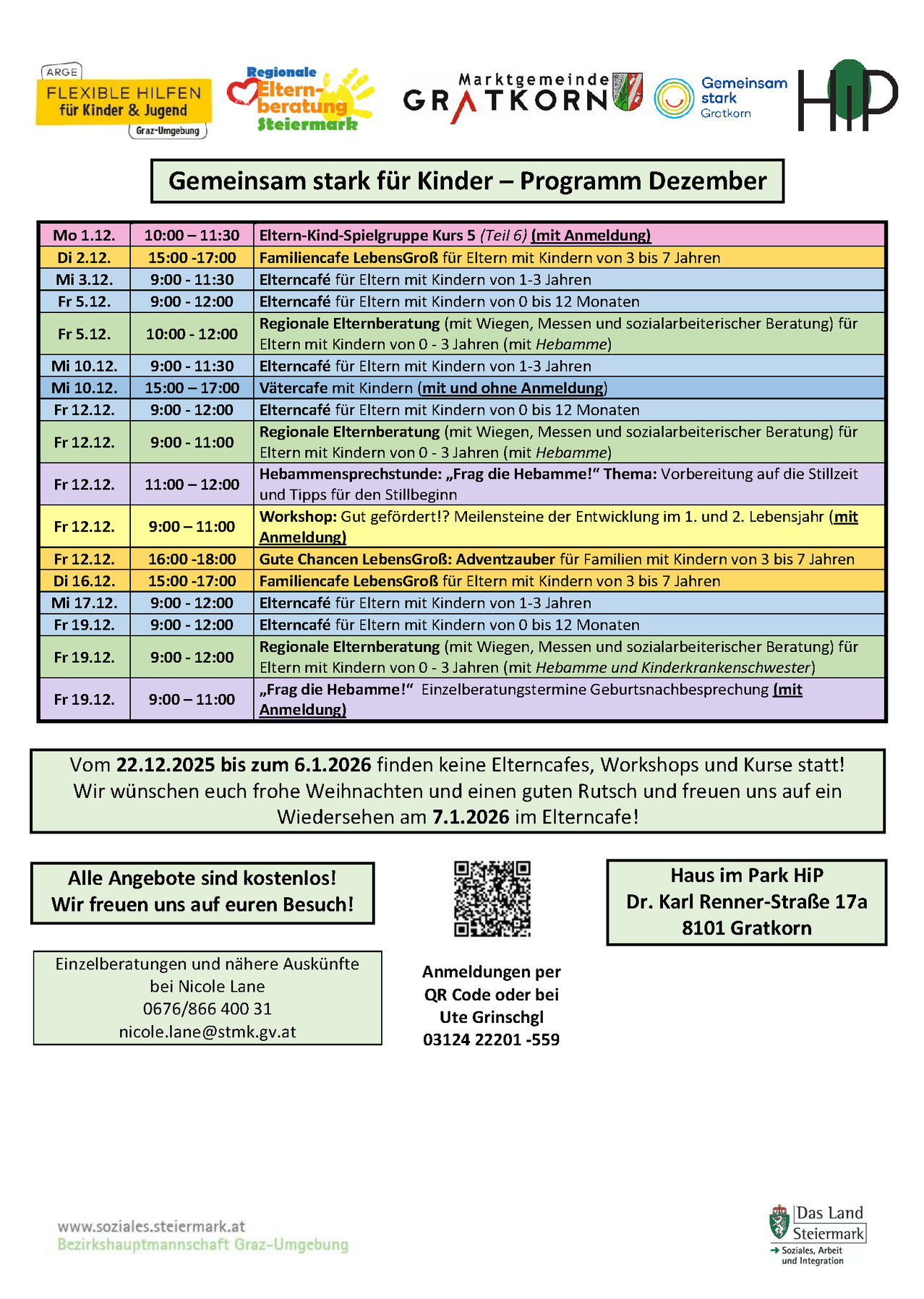 Das Bild zeigt einen Zeitplan für verschiedene Elternworkshops und Familiencafés von Dezember 2025 bis Januar 2026. Aktivitäten umfassen Elterngruppen, Familiencafés und individuelle Beratungssitzungen. Kontaktdaten und Adresse sind angegeben.