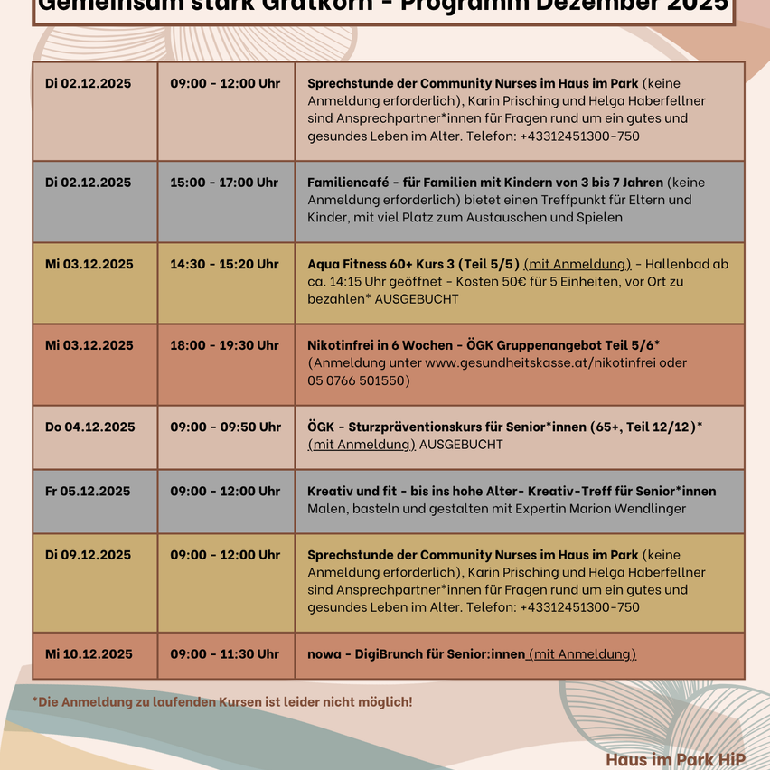 Ein Zeitplan für Aktivitäten im Dezember 2025. Beinhaltet Sprechstunden, Familiencafes, Fitnesskurse, Nikotinsitzungen, einen Präventionskurs und eine kreative Aktivitätssitzung. Alle Aktivitäten erfordern eine vorherige Anmeldung.