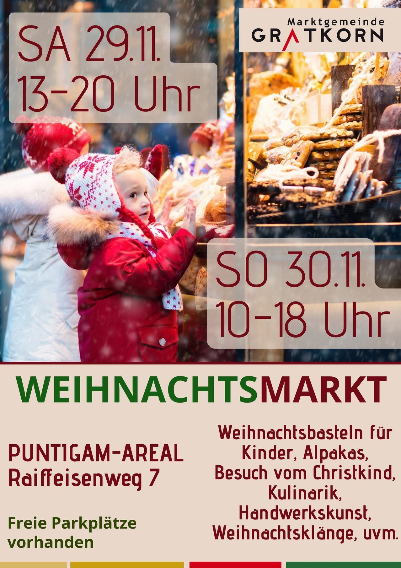 Ein Plakat für einen Weihnachtsmarkt in Punitgam-Areal. Ein Kind in einem roten Mantel und Hut greift in eine Bäckerei-Auslage. Daten und Öffnungszeiten werden angegeben.