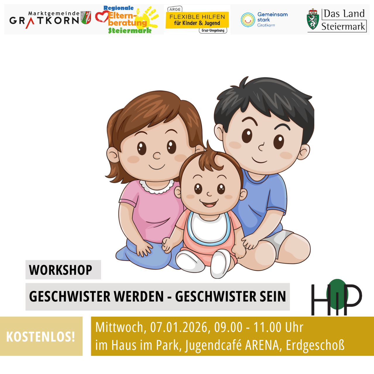 Ein Workshop über das Geschwisterwerden, der am Mittwoch, 7. Januar 2026, von 09:00 bis 11:00 Uhr im Haus im Park, Jugendcafe ARENA, Erdgeschoß stattfindet. Er ist kostenlos.