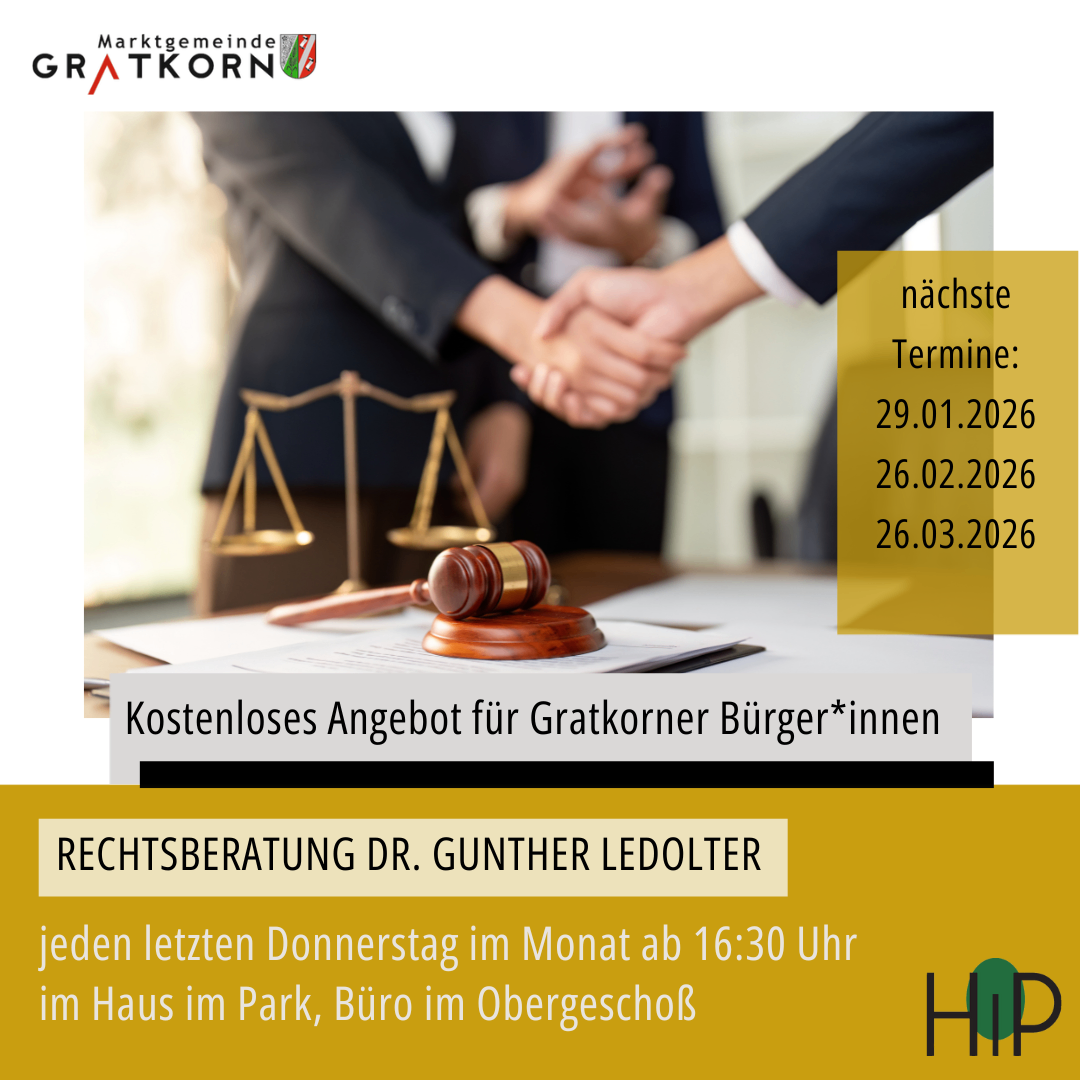 Eine Anzeige für kostenlose Rechtsberatung in Gratkorn, Österreich. Zwei Geschäftsleute schütteln sich die Hände. Die Daten 29.01.2026, 26.02.2026 und 26.03.2026 sind hervorgehoben. Es steht kostenloses Angebot für Gratkorner Bürgerinnen.