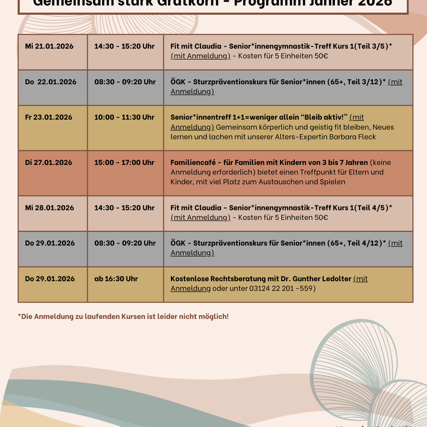 Das Bild zeigt einen Zeitplan für Veranstaltungen im Januar 2026, einschließlich Fitnesskursen, Familiencafés und kostenlosen Rechtsberatungssitzungen. Der Zeitplan enthält Daten, Uhrzeiten und kurze Beschreibungen jeder Veranstaltung. Für einige Veranstaltungen ist eine Anmeldung erforderlich, und Kosten werden erwähnt.