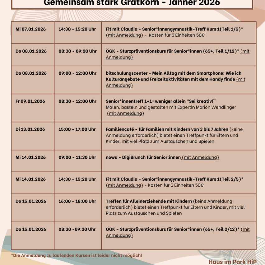 Ein Zeitplan für Januar 2026 mit Fitnesskursen für Senioren, Sturzpräventionskurs, Smartphone-Workshop, Kreativworkshop für Senioren, Familiencafé, Digitalbrunch für Senioren und Treffen für Eltern und Kinder. Für einige Aktivitäten ist eine Anmeldung erforderlich.