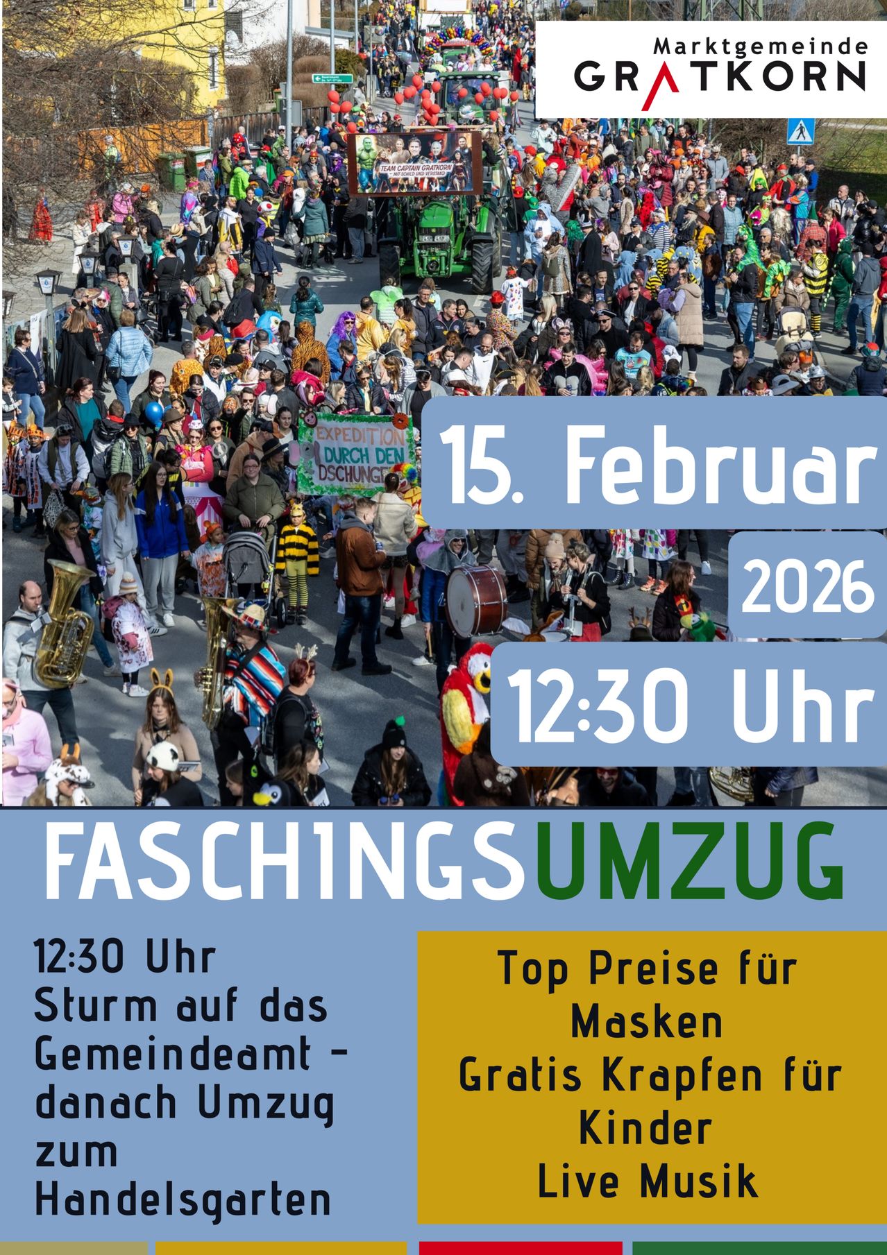 Eine Menschenmenge versammelt sich für einen Karnevalsumzug am 15. Februar 2026. Die Veranstaltung beginnt um 12:30 Uhr und zeigt verschiedene Kostüme und Musikinstrumente. Das Banner lautet 'Faschingsumzug'.