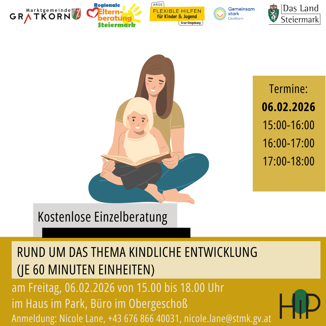 Anzeige für kostenlose Einzelberatung zum Thema kindliche Entwicklung am 06.02.2026 von 15:00 bis 18:00 im Haus im Park, Obergeschoss. Kontaktieren Sie Nicole Lane für die Anmeldung.