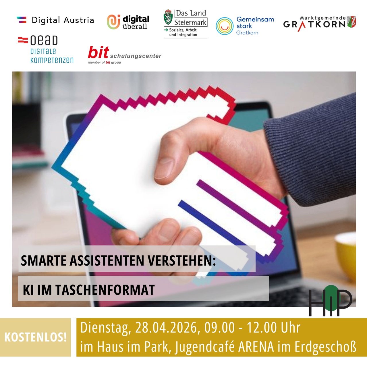 Hands holding a paper with smart assistants text. Free event on April 28, 2026, from 9 am to 12 pm at Haus im Park, Jugendcafe ARENA.