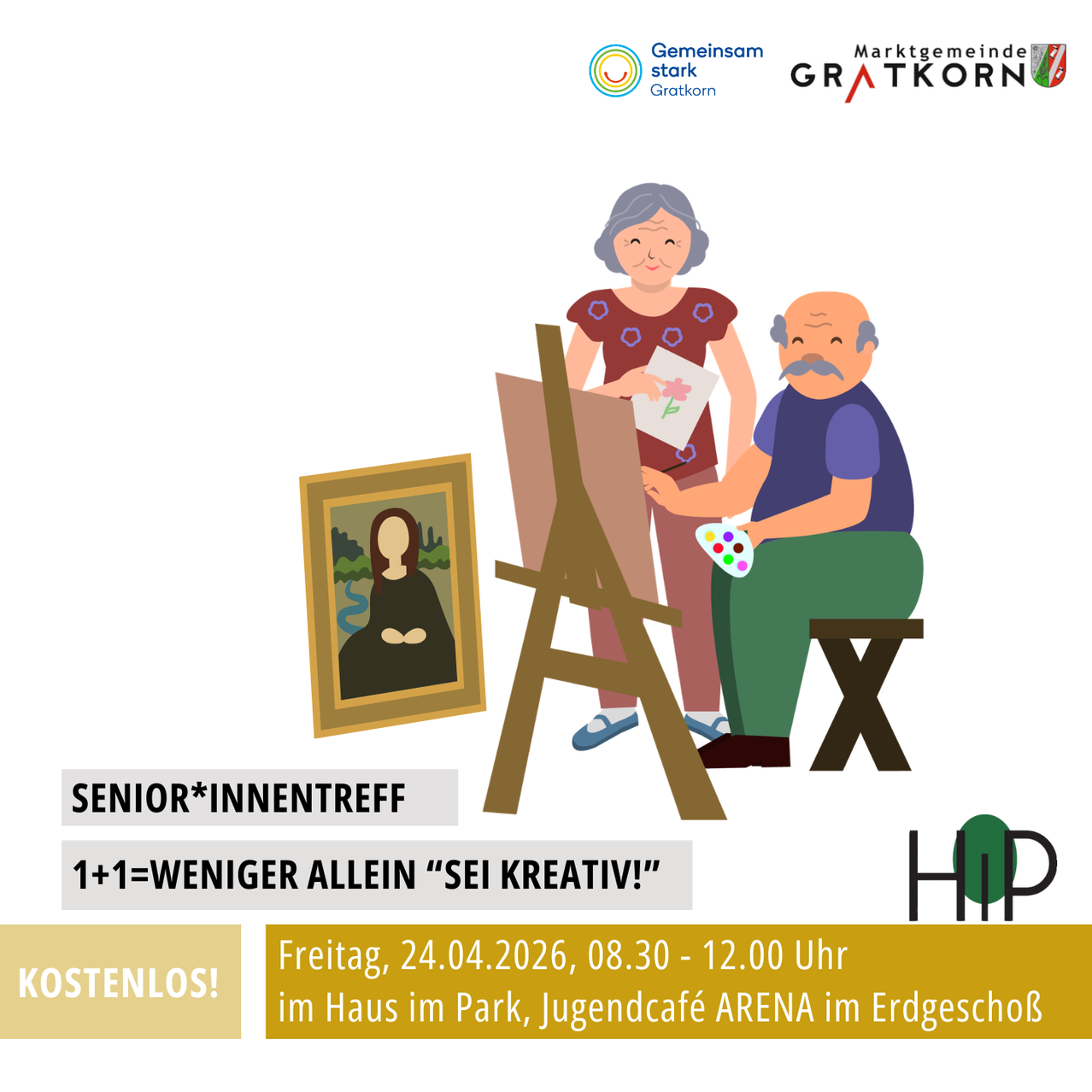 Poster for a senior meeting at the House in the Park, featuring two elderly people painting. Free event on April 24, 2026, from 8:30 AM to 12:00 PM.