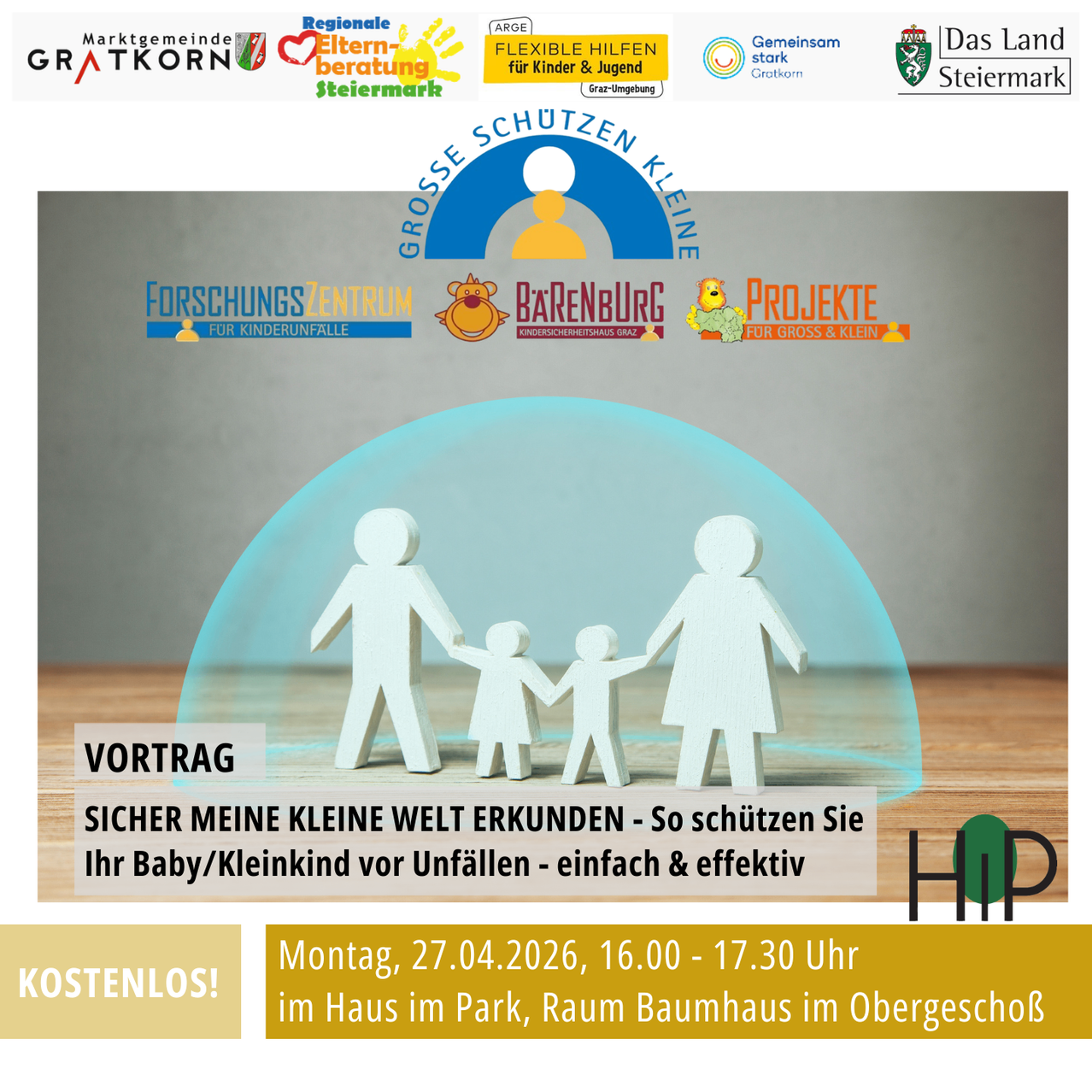 Poster advertising a free lecture on child safety. It shows a family under a protective dome with logos of various organizations. The lecture is on April 27, 2026, from 4:00 to 5:30 PM at Haus im Park, Baumhaus, Obergeschoß.