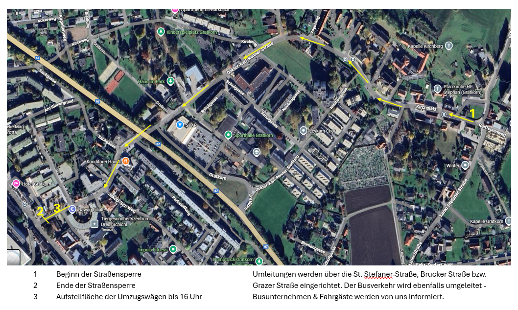 Eine Karte zeigt ein Wohngebiet mit Straßen, Gebäuden und Grünflächen. Bemerkenswerte Merkmale sind das Haus im Park, der Kinderspielplatz Gratkorn und die Sporthalle Gratkorn. Auf den Straßen sind Richtungen markiert, und verschiedene Sehenswürdigkeiten sind beschriftet.