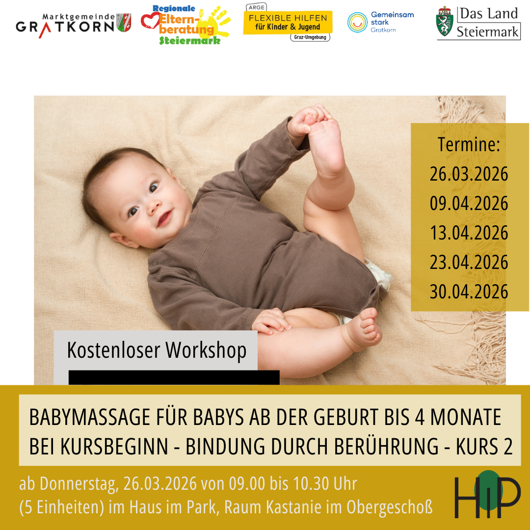 Plakat mit einem Baby auf einer Decke, das einen kostenlosen Workshop für Babymassage bewirbt, Termine aufgelistet und Details auf Deutsch.