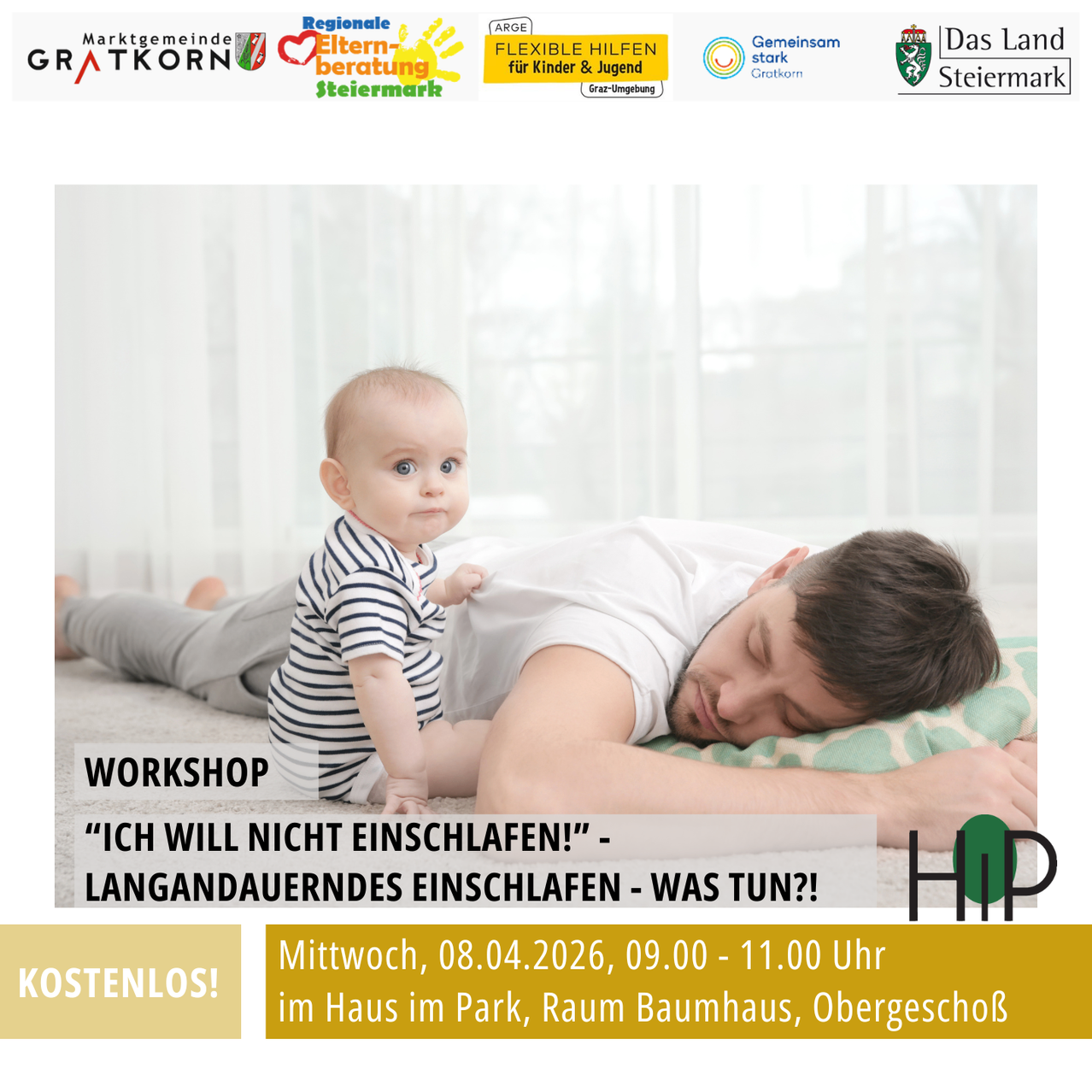 Ein Plakat für einen Workshop über langfristige Schlafprobleme bei Babys. Es zeigt einen Vater, der mit seinem Baby auf der Brust schläft. Die Veranstaltung ist kostenlos und für den 8. April 2026 von 09:00 bis 11:00 Uhr geplant.