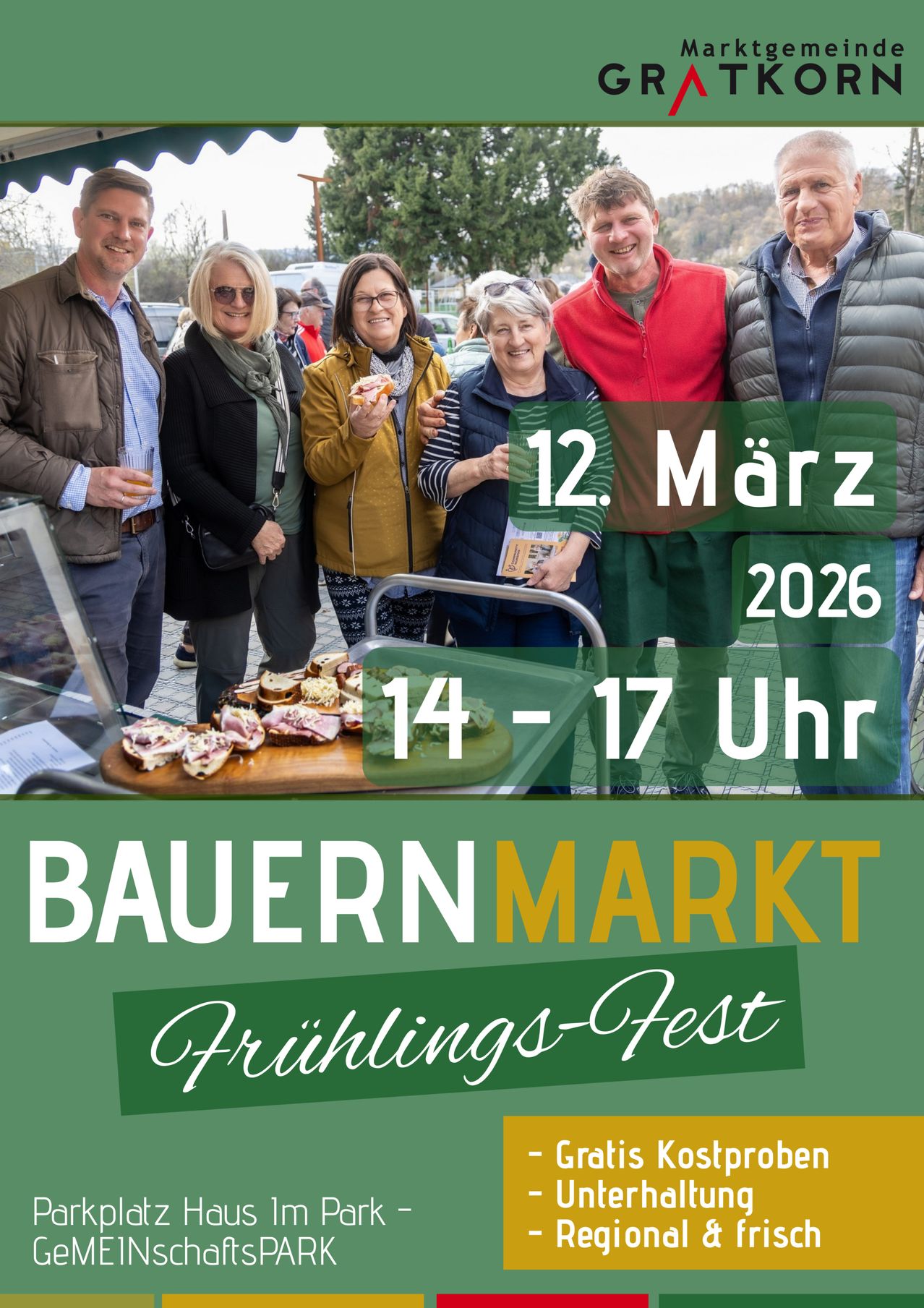 Eine Gruppe von Menschen steht am 12. März 2026 draußen zusammen, lächelt und posiert für ein Foto. Sie sind in der Nähe eines Tisches mit Essen, und der Text erwähnt, dass die Veranstaltung von 14 bis 17 Uhr stattfindet.