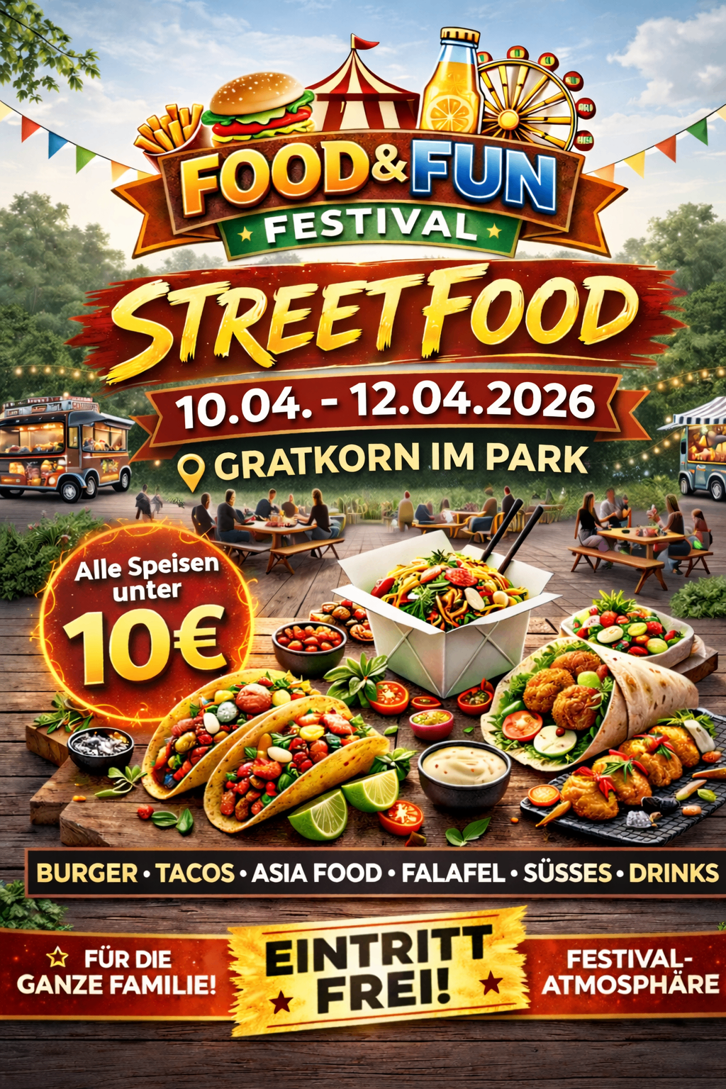 Plakat für ein Streetfood-Festival mit verschiedenen Speisen wie Tacos, Burgern, Falafel und Getränken. Die Veranstaltung findet vom 10. April bis 12. April 2026 in Gratkorn im Park statt.