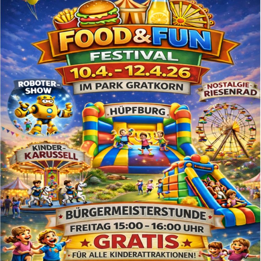 Plakat für das Food & Fun Festival vom 10.4. bis 12.4.26. Es zeigt eine Karnevalsszene mit Fahrgeschäften, Essensständen und spielenden Kindern. Ein Roboter und eine Karussellfahrt sind ebenfalls zu sehen. Das Festival bietet an Freitagen von 15:00 bis 16:00 Uhr freien Eintritt für Kinderattraktionen.