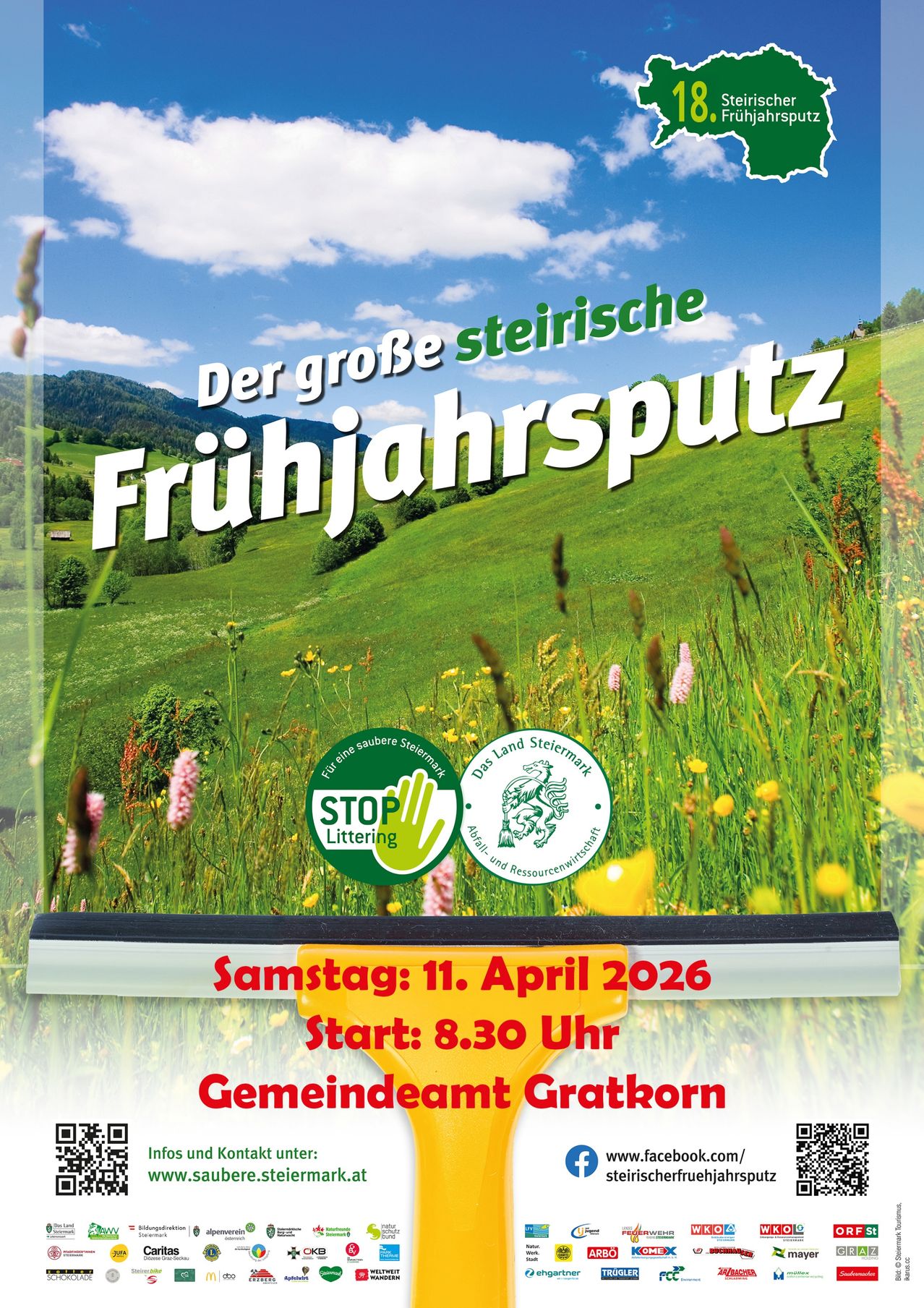Plakat für die Steirische Frühjahrsputz-Veranstaltung am 11. April 2026, Beginn um 8:30 Uhr. Die Veranstaltung findet im Gemeindeamt Gratkorn statt. Das Plakat zeigt eine grüne Wiese, Berge im Hintergrund und einen klaren Himmel. Es enthält Logos für STOP Littering und Das Land Steiermark.