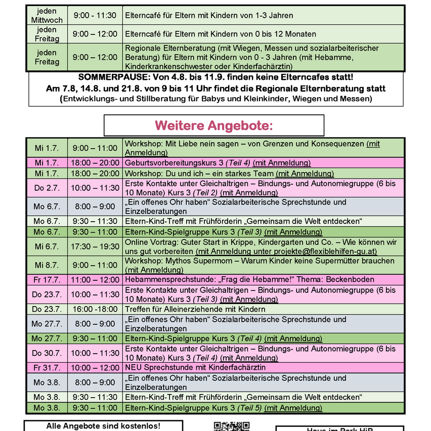 A schedule of events for parents with children aged 0-3 years, including workshops, meetings, and playgroups, with dates and times.