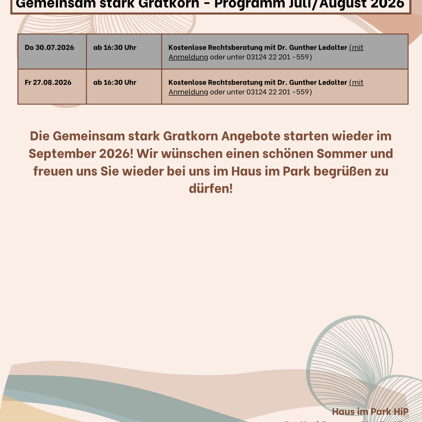 A poster advertising free legal advice sessions with Dr. Gunther Ledolter in July and August 2026. Sessions are scheduled for July 30 and August 27 at 4:30 PM. Contact number provided.
