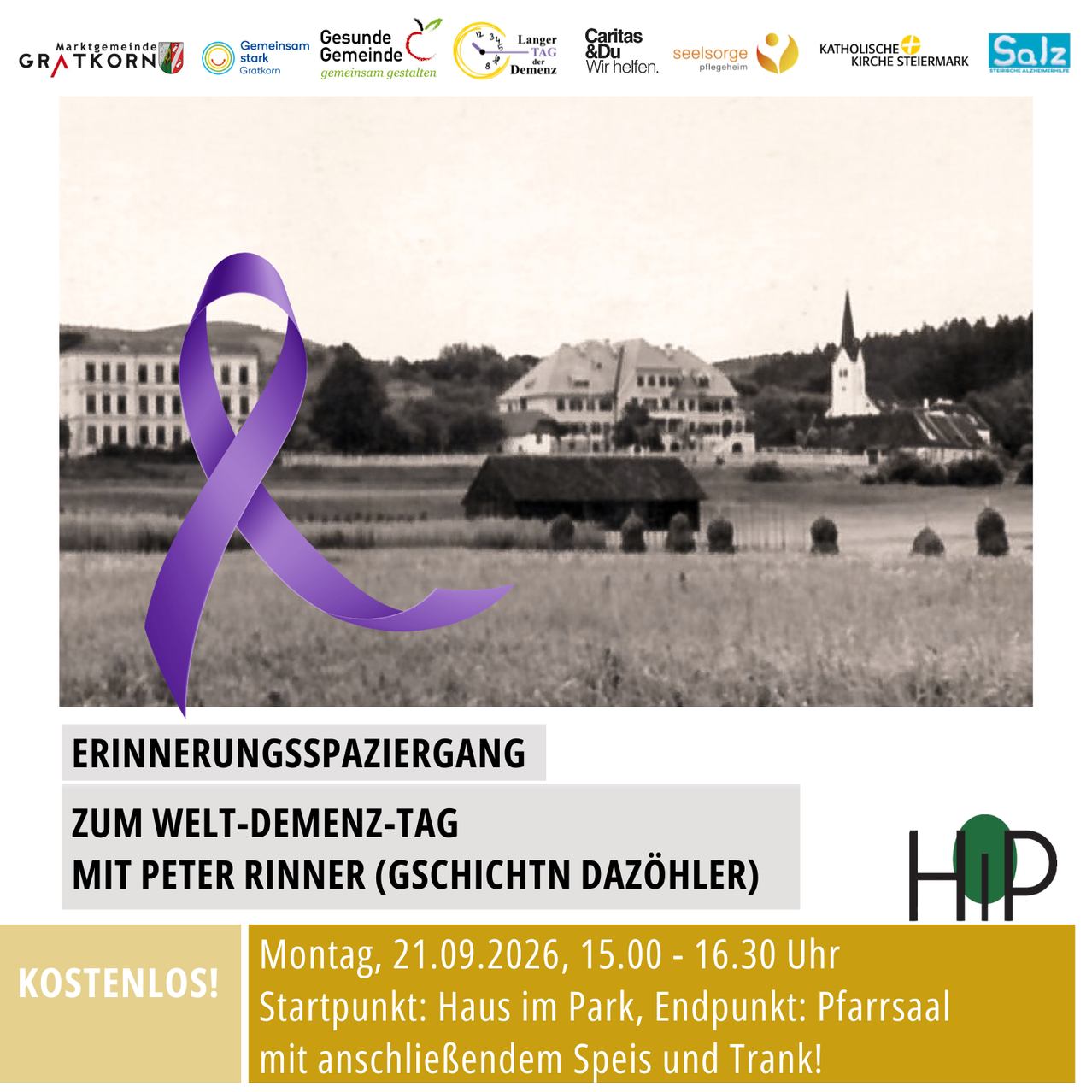 Ein Plakat für einen kostenlosen Erinnerungsspaziergang zum Welt-Demenz-Tag mit Peter Rinner, mit einem violetten Band und einer landschaftlichen Kulisse. Die Veranstaltung ist für den 2. September 2026 von 15:00 bis 16:30 Uhr geplant.