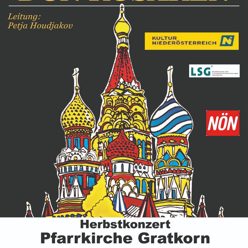Plakat für ein klassisches Musikkonzert mit einer Illustration der Basilius-Kathedrale in Moskau. Der Text lautet 'Herbstkonzert Pfarrkirche Gratkorn' und 'Leitung: Petja Houdjakow'. Logos von Kultur Niederösterreich, LSG und NÖN sind zu sehen.
